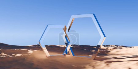 Téléchargez les photos : Deux hexagones rétro chromés ou des objets de cadre en nid d'abeille dans un paysage désertique abstrait surréaliste avec fond bleu ciel, concept géométrique primitif fantaisie, illustration 3D - en image libre de droit