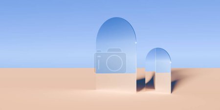 Foto de Múltiples objetos de espejo retrovisor cromado en surrealista paisaje desértico abstracto con fondo de cielo azul, concepto de fantasía primitiva geométrica con espacio de copia, ilustración 3D - Imagen libre de derechos