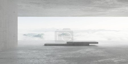 Foto de Sala de hormigón moderna y vacía abstracta con pared trasera abierta con vista a través del paisaje de montaña nublado y banco de hormigón plantilla de fondo interior industrial, ilustración 3D - Imagen libre de derechos