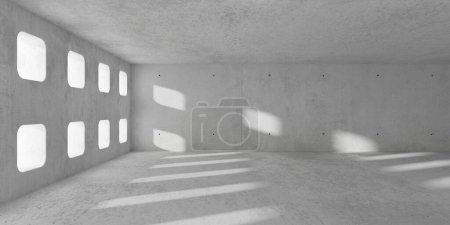 Téléchargez les photos : Abstrait vide, salle en béton moderne avec grille carrée ouvertures mur, ombres de lumière du soleil et plancher rugueux - modèle de fond intérieur industriel, illustration 3D - en image libre de droit