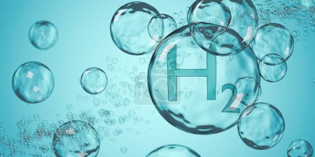 Foto de Símbolo de hidrógeno H2 en burbuja flotando entre otras burbujas sobre fondo azul, energía limpia, hidrógeno líquido o concepto químico, ilustración 3D - Imagen libre de derechos