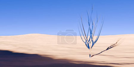 Téléchargez les photos : Objet en arbre rétro chromé dans un paysage désertique abstrait surréaliste avec fond bleu ciel, concept géométrique primitif fantaisie, illustration 3D - en image libre de droit