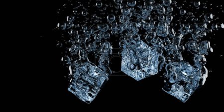 Foto de Tres cubos de hielo transparentes con burbujas de aire sobre fondo negro con espacio de copia, ilustración 3D - Imagen libre de derechos