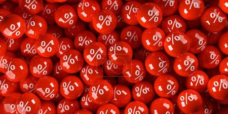 Montón de esferas rojas o bolas con símbolo de signo por ciento, venta, descuento o reducción de precios de venta concepto de fondo, plano vista superior laico desde arriba, ilustración 3D
