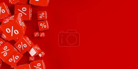 Téléchargez les photos : Tas de cubes rouges de différentes tailles ou dés avec le symbole de signe de pourcentage sur fond rouge avec l'espace de copie, la vente, la remise ou le concept de réduction de prix de vente, illustration 3D - en image libre de droit