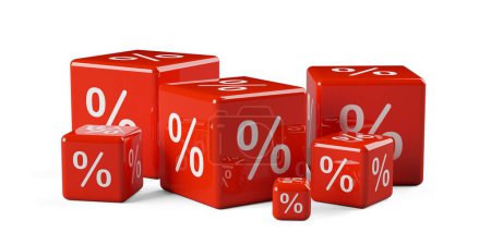 Téléchargez les photos : Différents cubes rouges de taille ou dés avec le symbole de signe de pourcentage sur fond blanc, vente, concept de réduction ou de réduction de prix de vente, illustration 3D - en image libre de droit