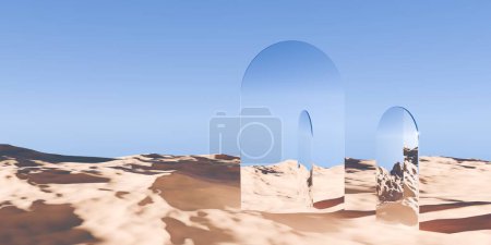 Téléchargez les photos : Objets géométriques plats rétro chromés multiples dans un paysage désertique abstrait surréaliste avec fond bleu ciel, concept géométrique primitif fantaisie, illustration 3D - en image libre de droit