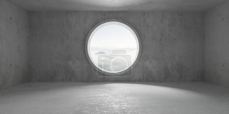 Foto de Sala de hormigón moderna y vacía abstracta con abertura de ventana redonda en la pared trasera y vista a la montaña nublada - plantilla de fondo interior industrial, ilustración 3D - Imagen libre de derechos