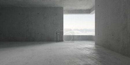 Foto de Abstracto vacío, moderna sala de hormigón con apertura en la esquina con balcón y vista a la montaña nublado - plantilla de fondo interior industrial, ilustración 3D - Imagen libre de derechos