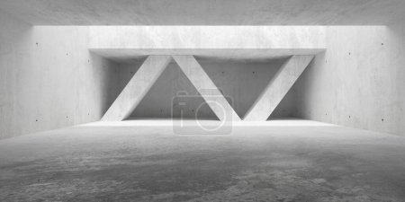 Foto de Sala de hormigón moderna y vacía abstracta con pilares diagonales, abertura de techo y suelo rugoso - plantilla de fondo interior industrial, ilustración 3D - Imagen libre de derechos