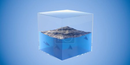 Téléchargez les photos : Partie de l'eau de mer ou de mer avec des vagues découpées en cube sur fond bleu, nature, écologie ou concept de protection de l'environnement, illustration 3D - en image libre de droit