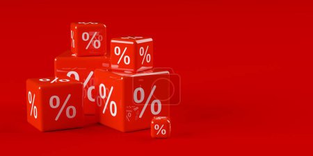 Foto de Cubos o dados rojos apilados de diferentes tamaños con símbolo de signo porcentual sobre fondo rojo, venta, descuento o concepto de reducción de precio de venta, ilustración 3D - Imagen libre de derechos
