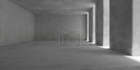 Téléchargez les photos : Salle en béton vide et moderne abstraite avec piliers et ouvertures sur le mur droit et le sol rugueux - gabarit d'arrière-plan intérieur industriel, illustration 3D - en image libre de droit
