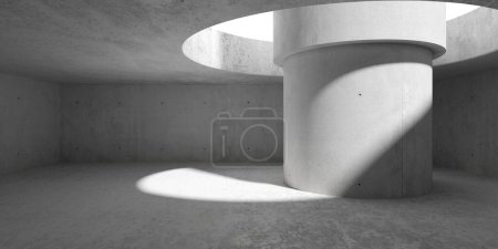 Téléchargez les photos : Abstrait vide, salle en béton moderne avec grand pilier rond et ouverture de plafond et plancher rugueux - modèle d'arrière-plan intérieur industriel, illustration 3D - en image libre de droit