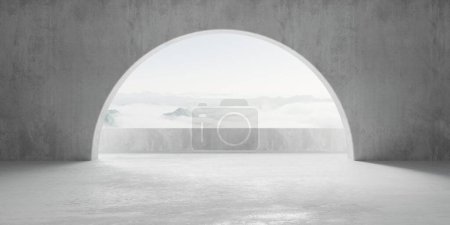 Foto de Sala de hormigón moderna y vacía abstracta con abertura redonda en la pared trasera con balcón y vista a la montaña nublada - plantilla de fondo interior industrial, ilustración 3D - Imagen libre de derechos
