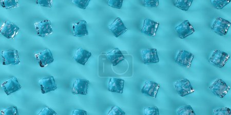 Foto de Diferentes cubos de hielo de agua clara sobre fondo azul plano laico vista superior desde arriba, ilustración 3D - Imagen libre de derechos