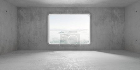 Téléchargez les photos : Salle en béton abstraite vide et moderne avec fenêtre rectangulaire carrée arrondie ouvrant dans le mur arrière et vue sur la montagne nuageuse - gabarit d'arrière-plan intérieur industriel, illustration 3D - en image libre de droit