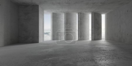 Téléchargez les photos : Salle en béton abstraite vide et moderne avec rangée de piliers tournants à l'arrière et vue sur la montagne nuageuse - gabarit d'arrière-plan intérieur industriel, illustration 3D - en image libre de droit