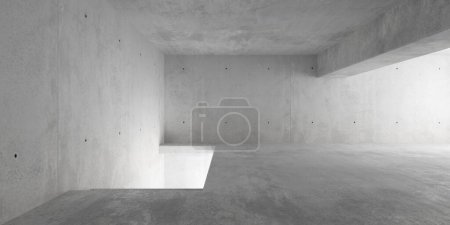 Téléchargez les photos : Abstrait vide, salle en béton moderne avec escalier en bas et poutre et plancher rugueux - modèle d'arrière-plan intérieur industriel, illustration 3D - en image libre de droit