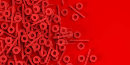 Montón de símbolos de signo de porcentaje rojo borde sobre fondo rojo, venta, descuento o concepto de reducción de precios de venta, plano vista superior desde arriba, ilustración 3D