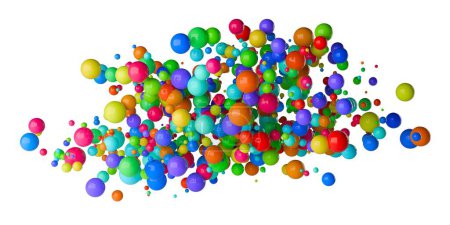 Nuage de sphères ou boules de couleur arc-en-ciel ou spectre coloré de différentes tailles, concept de couleur, d'éducation ou de jeu, isolé sur fond blanc, illustration 3D