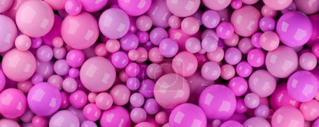 Heap of different sized pink colored spheres or balls, color, education or playing concept background, 3D illustration