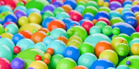 Heap of different sized colourful spectrum or rainbow colored spheres or balls, color, education or playing concept background, selective focus, 3D illustration