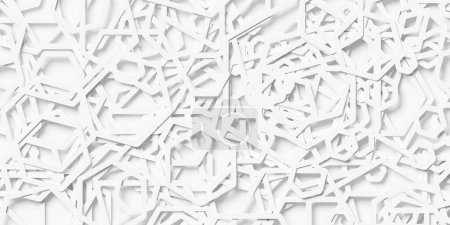 Random scaled white pentagon rings overlay background wallpaper banner pattern, 3D illustration