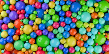 Heap of different sized colourful spectrum or rainbow colored spheres or balls, color, education or playing concept background, 3D illustration