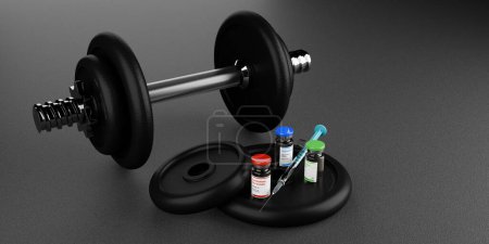 Photo for Testosterone, trenbolone and nandrolone steroid vials with syringe and dumbbell weights on black gym flooring background, the most commonly used anabolic steroids for muscle growth in sport doping, 3D illustration - Royalty Free Image