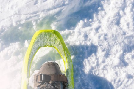 Téléchargez les photos : A detail of snowshoe on mountaineer's foot - en image libre de droit