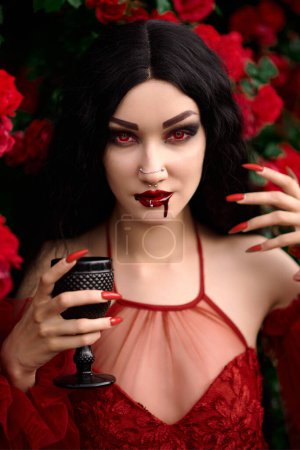 Photo for Vampire girl on a background of red roses - Royalty Free Image