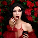 Vampire girl on a background of red roses