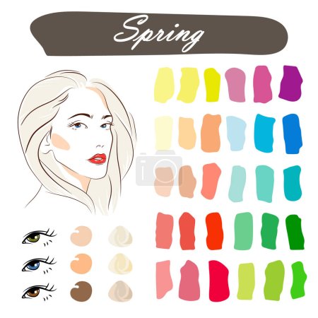 Illustration for Stock vector seasonal color analysis palette with best colors for spring type of appearance. Face of a smiling attractive beautiful young woman with gray hair - Royalty Free Image