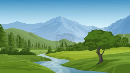Illustration for Vector mountain and pine forest nature landscape with river - Royalty Free Image