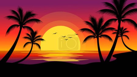 Tropical summer landscape with palms, palm trees and sunset on beach, holiday background. vacation, travel and