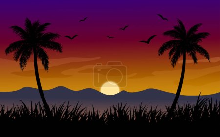 Téléchargez les illustrations : Illustration vectorielle d'un paysage tropical au coucher du soleil dans une forêt sur fond de soleil - en licence libre de droit