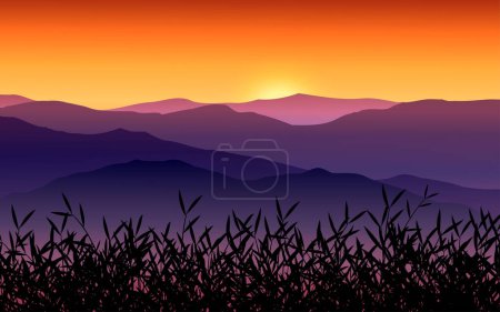 Illustration for Beautiful sunset in a mountain forest landscape - Royalty Free Image