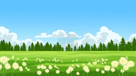 Illustration for Beautiful landscape with green meadow with a blue sky and white clouds, 3d rendering - Royalty Free Image