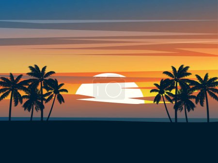 Illustration for View of beach at sunset with red sky and palm trees in silhouette - Royalty Free Image