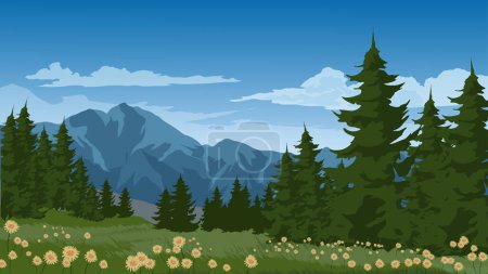 Illustration for Meadow landscape at night with full moon, clouds, stars, trees and flowers - Royalty Free Image