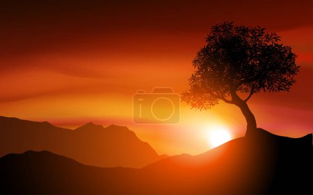 paysage vectoriel de coucher de soleil orange avec silhouette d'arbre et montagnes brumeuses