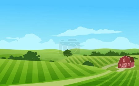 Téléchargez les illustrations : Champ vert et collines paysage avec sentier pédestre - en licence libre de droit