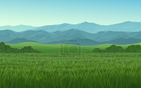 Ilustración de Prado verde y cielo con montañas en el fondo - Imagen libre de derechos