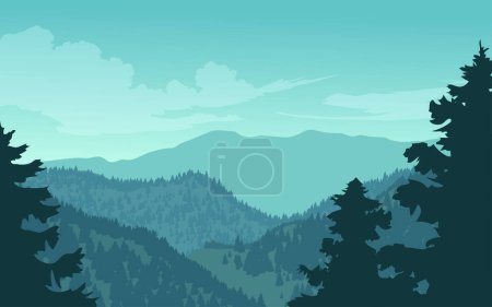 Ilustración de Paisaje de montaña con primer plano de pinos - Imagen libre de derechos