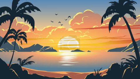 Vector ocean sunset scenery. Colorful tropical beach landscape