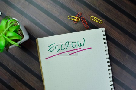 Concept of Escrow write on a book isolated on Wooden Table.