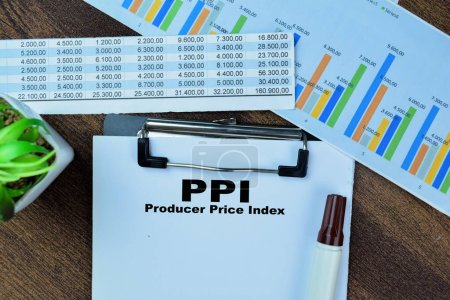 Konzept von PPI - Produzentenpreisindex schreiben auf Papierkram isoliert auf Holztisch.