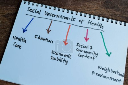 Foto de Concepto de Determinantes Sociales de la Salud escribir en libro con palabras clave aisladas en tabla de madera. - Imagen libre de derechos