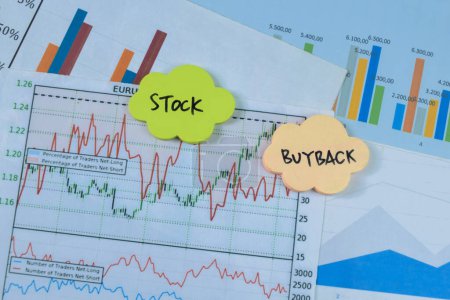 Concepto de Stock Buyback escribir en notas adhesivas aisladas en la tabla de madera.
